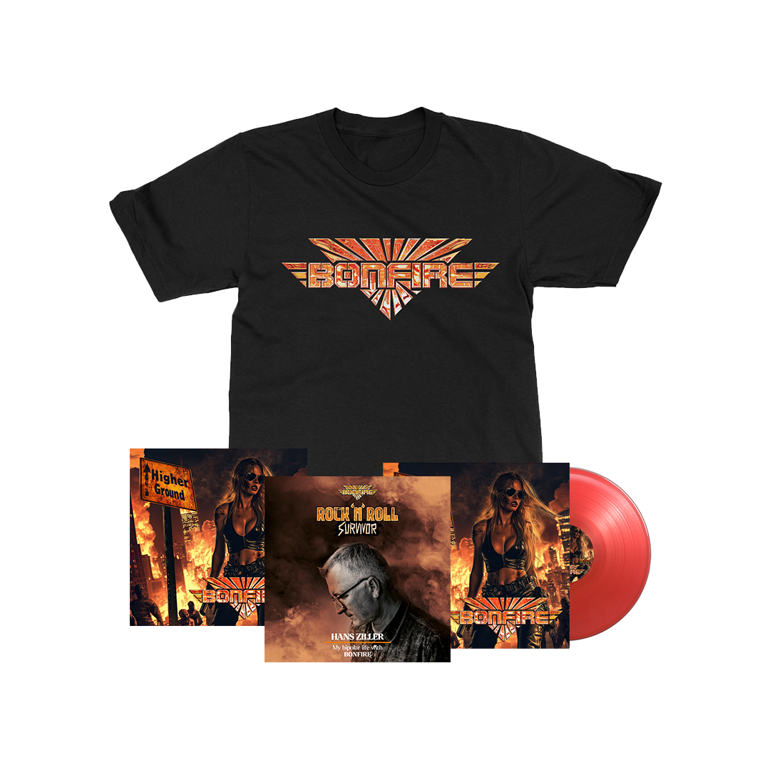 Bonfire - Higher Ground - 1LP Red, T-Shirt, Art Card (signed), Audiobook (English) Bundle